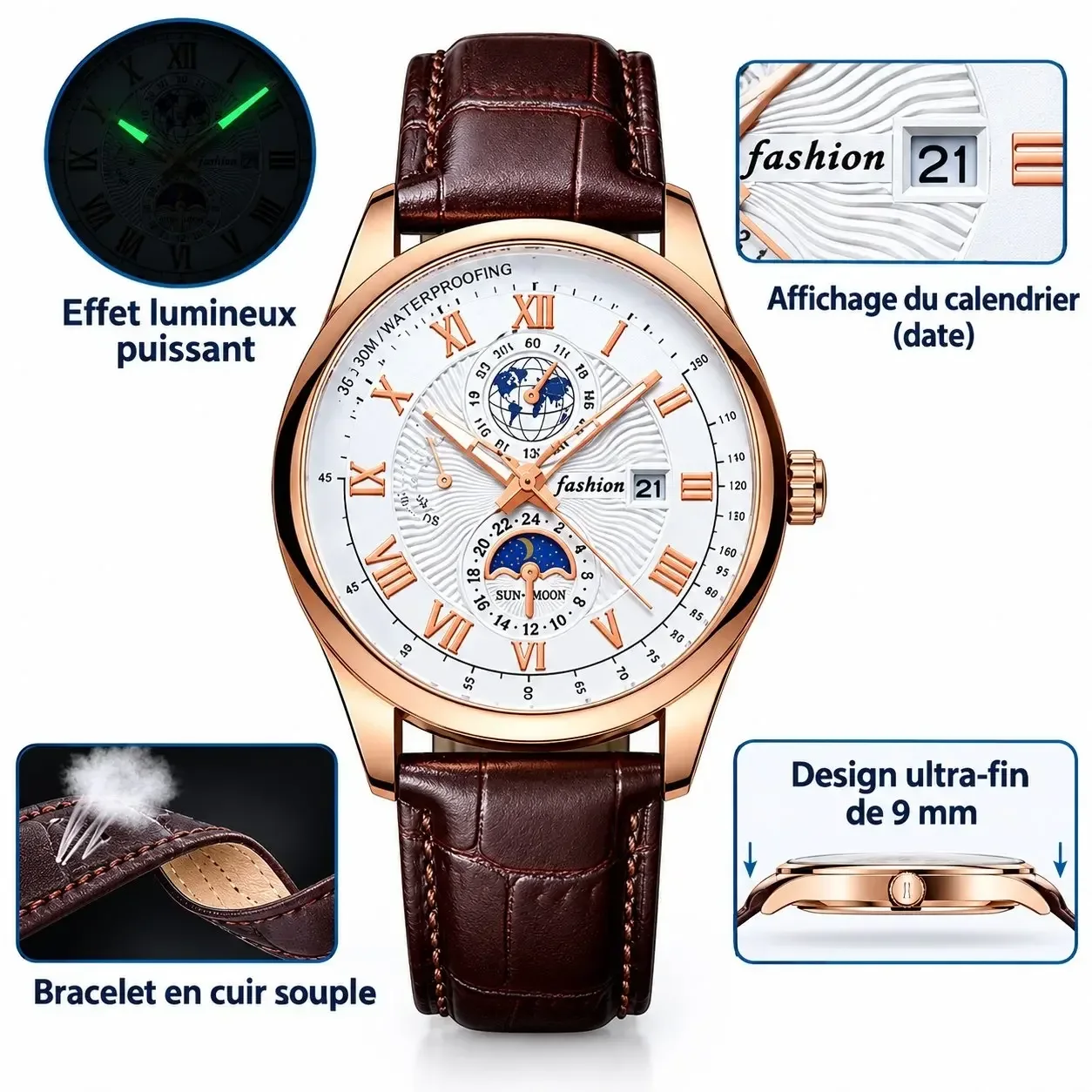 Montre étanche pour homme en cuir