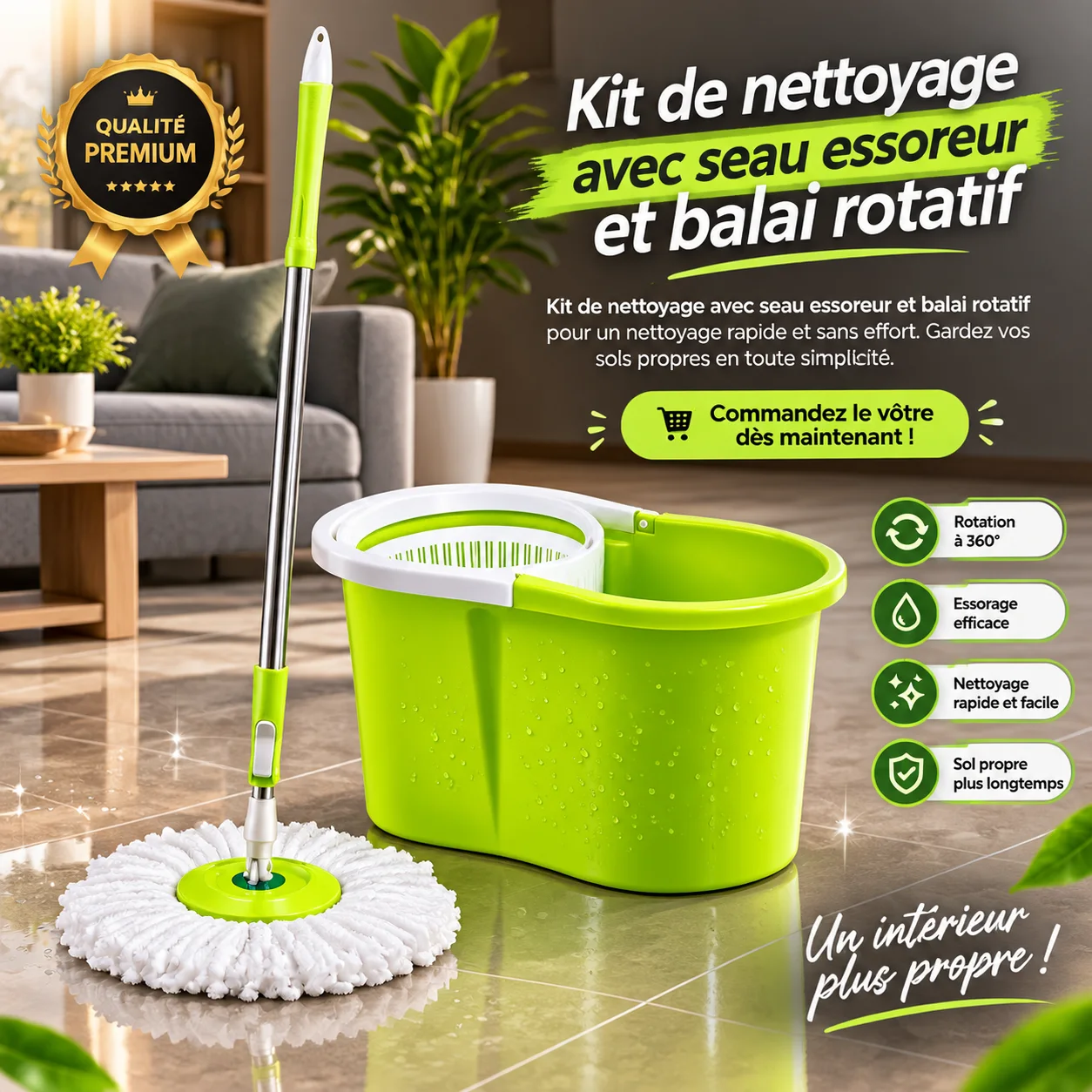 Kit de Nettoyage avec Seau Essoreur et Balai Rotatif