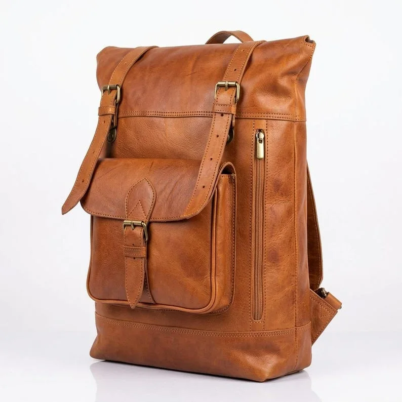 Brown genuine leather backpack  حقيبة ظهر بنية اللون من الجلد الطبيعي