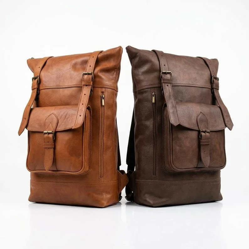Brown genuine leather backpack  حقيبة ظهر بنية اللون من الجلد الطبيعي