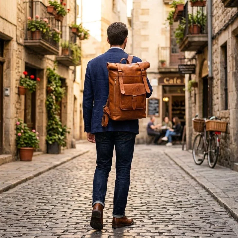Brown genuine leather backpack  حقيبة ظهر بنية اللون من الجلد الطبيعي