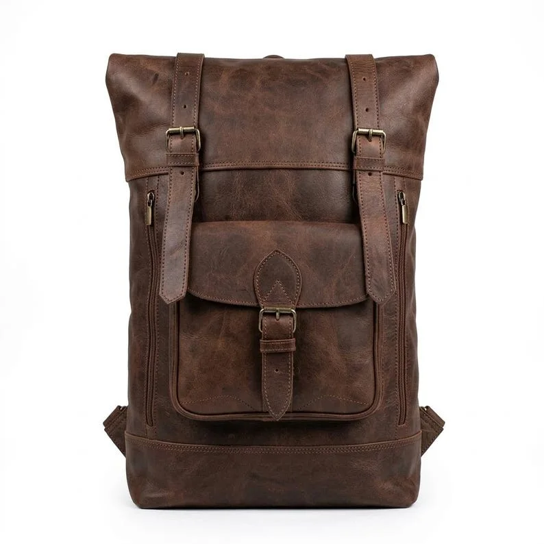 Brown genuine leather backpack  حقيبة ظهر بنية اللون من الجلد الطبيعي