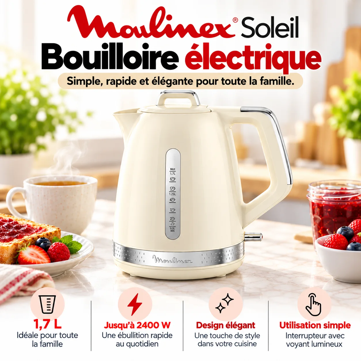 Bouilloire Électrique Sans Fil 1.7L 2400W Soleil Ivoire Moulinex  🇫🇷