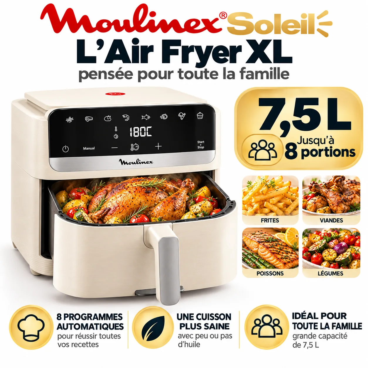 Airfryer Moulinexe Soleil  7.5L - 8 Portions Écran Tactile Et Façade Amovible 🇫🇷