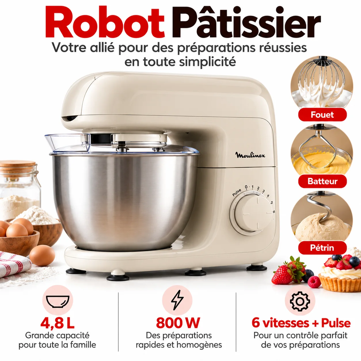 Robot pâtissier Bake Essential, bol de 4.8 L, kit de pâtisserie,MOULINEX 🇫🇷