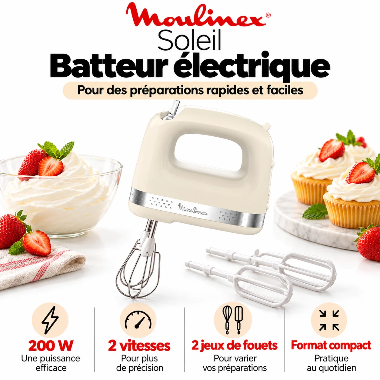 Batteur Moulinex Soleil 2 Vitesses + 2 Jeux de Fouets Ivoire 🇫🇷