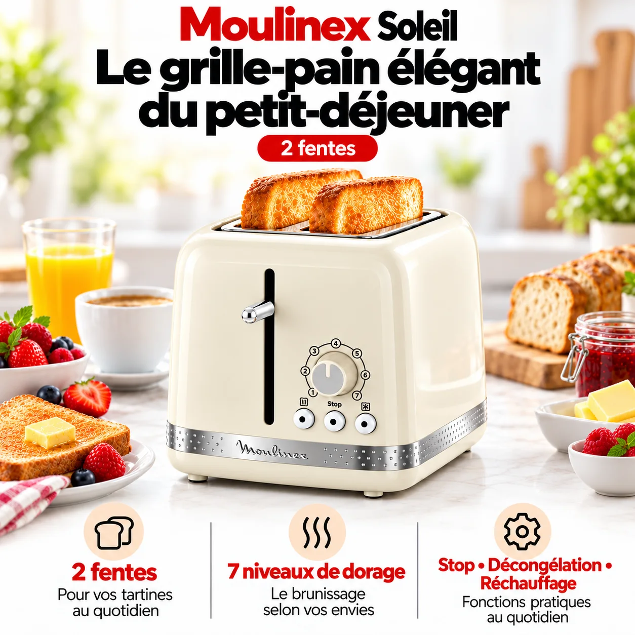 MOULINEX Grille-pain, Soleil, 2 fentes, Ivoire 🇫🇷