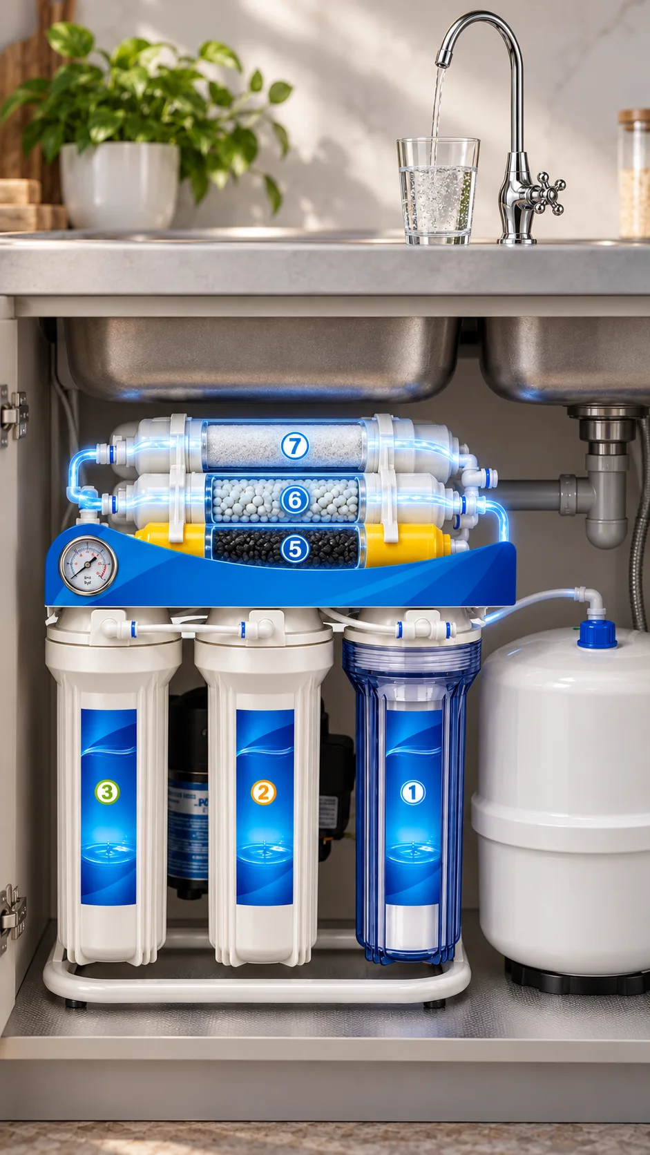 PureAman RO7 - Osmoseur à osmose inverse 7 étapes avec pompe, réservoir et robinet