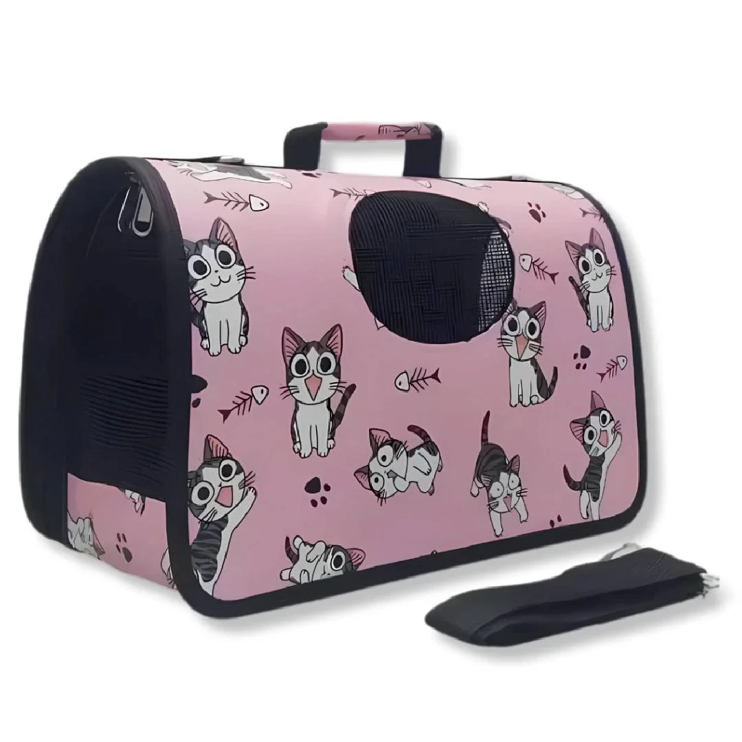 Sac de Transport Pliable pour Chat et Petit Chien – Respirant, Motif Chats Rose, avec Bandoulière (M / L / XL)