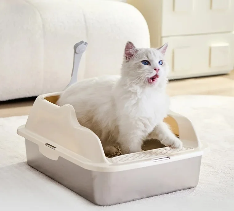 Bac à Litière pour Chat en Acier Inoxydable avec Rebords Anti-Projections et Pelle