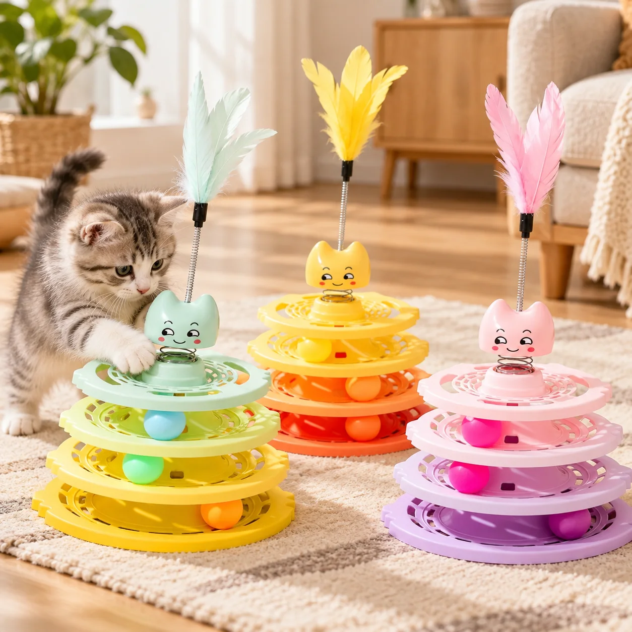 Jouet Interactif pour Chat à 4 Niveaux avec Balles et Plume