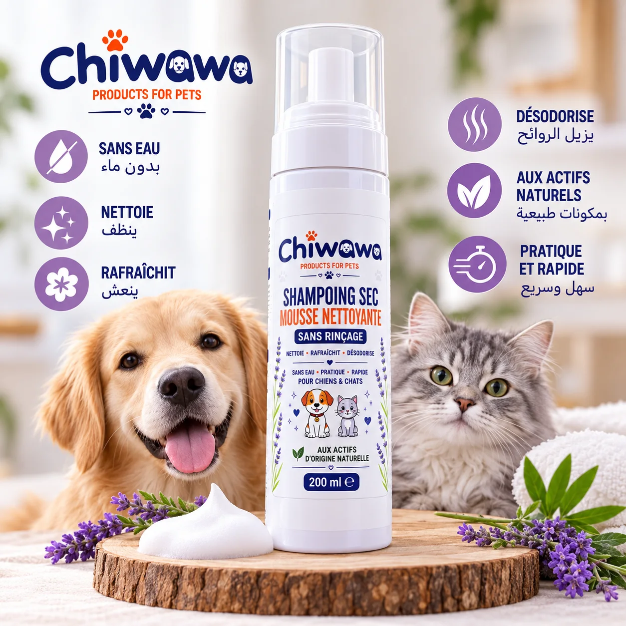 Shampoing Sec en Mousse pour Chiens et Chats – Sans Rinçage  200 ml