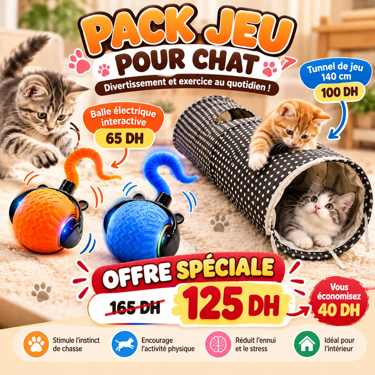 Pack Jouets pour Chat : Balle Électrique Interactive + Tunnel de Jeu 140 cm