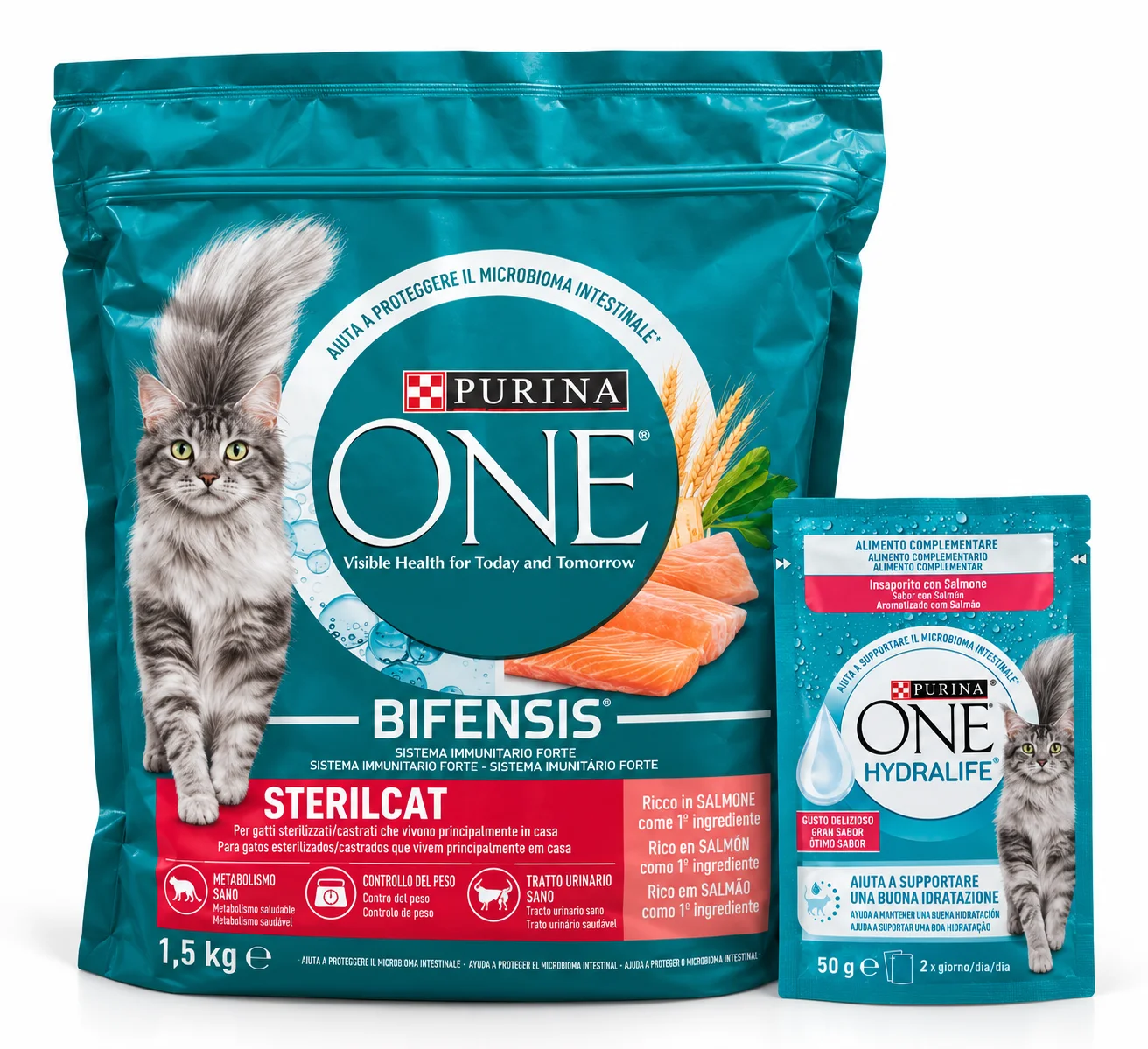 Purina ONE Sterilcat au Saumon 1,5 kg pour Chats Stérilisés + Sachet HydraLife 50 g OFFERT