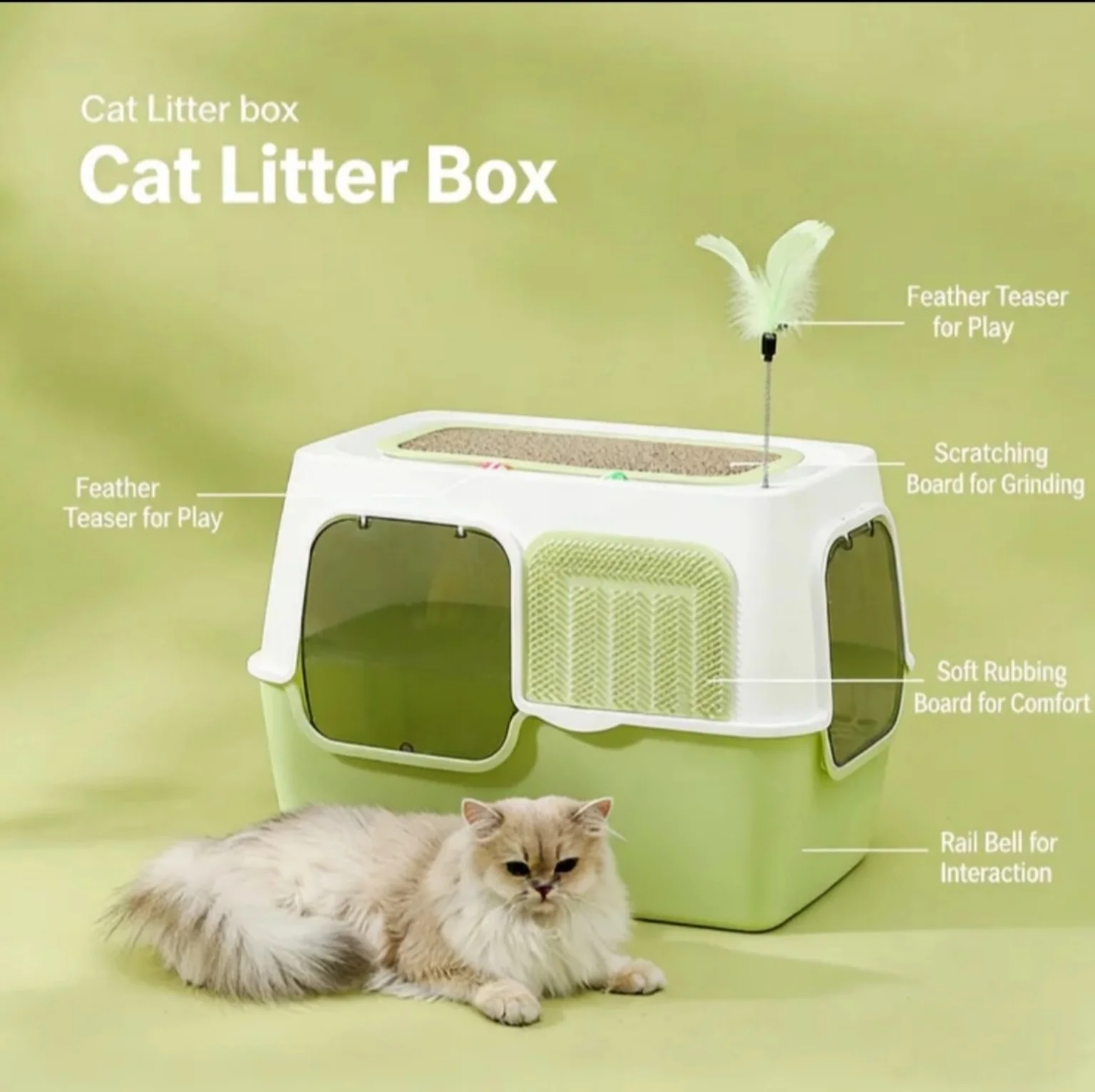 Grand Bac à Litière Fermé pour Chat avec Double Entrée, Surface de Massage pour le Visage, Griffoir Intégré et Jouet Interactif – 57,5 × 40 × 40 cm
