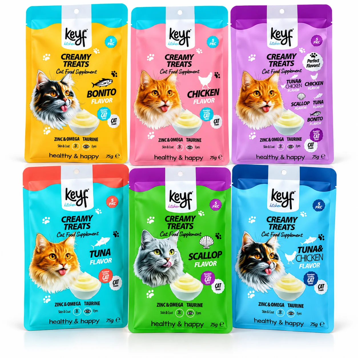 Keyf Creamy Treats pour Chats – Friandises Crémeuses aux Saveurs Variées 75g (15g x 5)