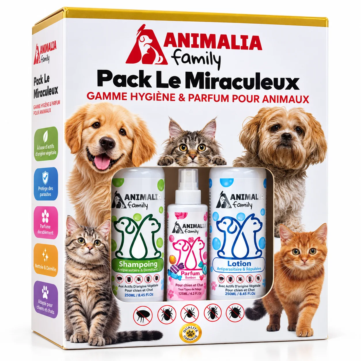 PROMO :  Pack Le Miraculeux ANIMALIA Family – Shampooing, Parfum et Lotion Antiparasitaire pour Chiens et Chats