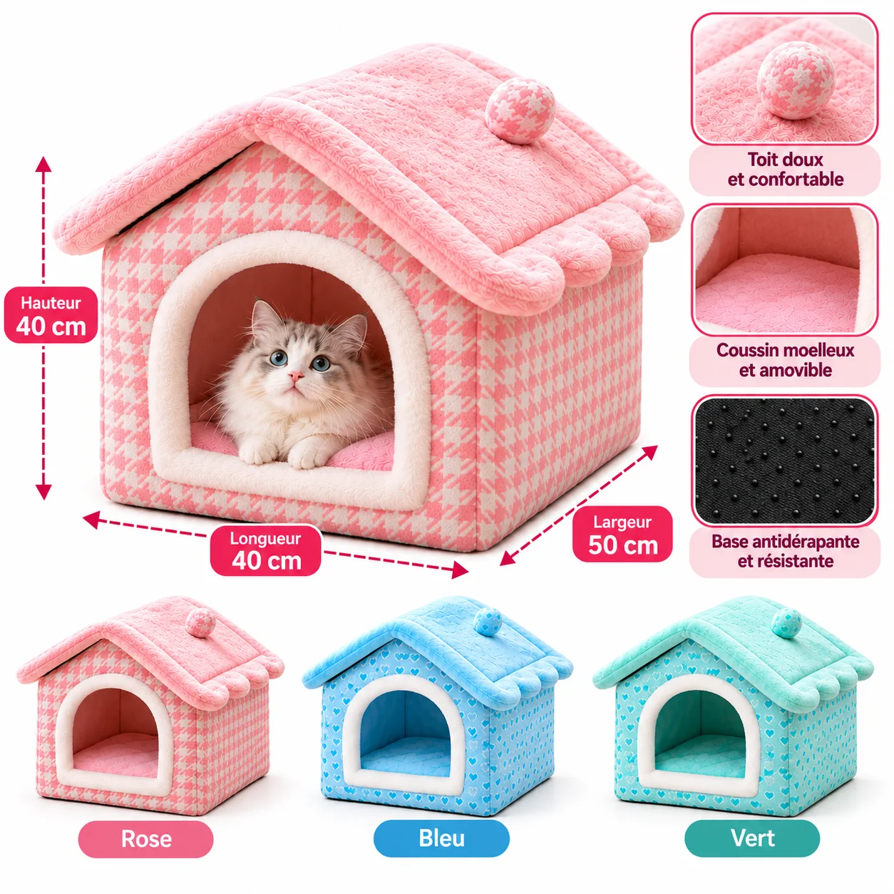 Maison Douillette pour Chat avec Coussin Moelleux – 50 × 40 × 40 cm