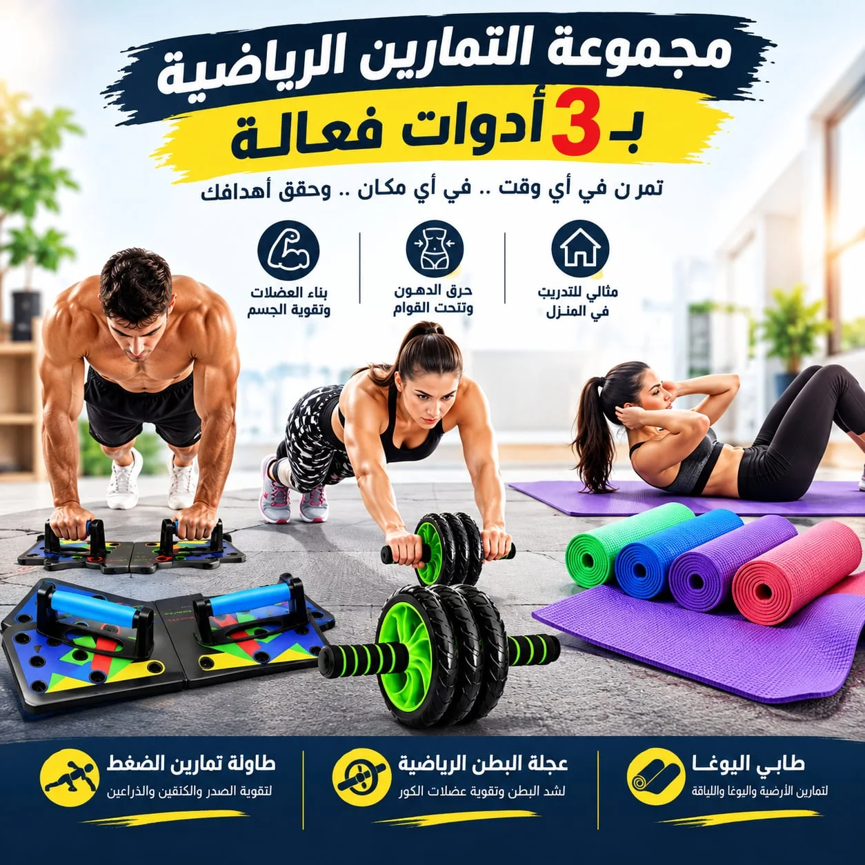 Pack personnel pour sport TAPIS +Roue Abdominale + La planche push-up