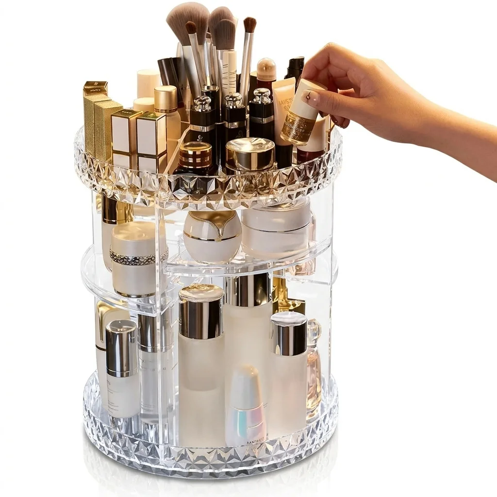 Organiseur De Maquillage Rotatif 360 Rangement Cosmetique Acrylique Transparent Support Produit De Beaute Boite De Rangement Parfum Et Pinceaux Organisateur Maquillage Tournant Reglable Grand