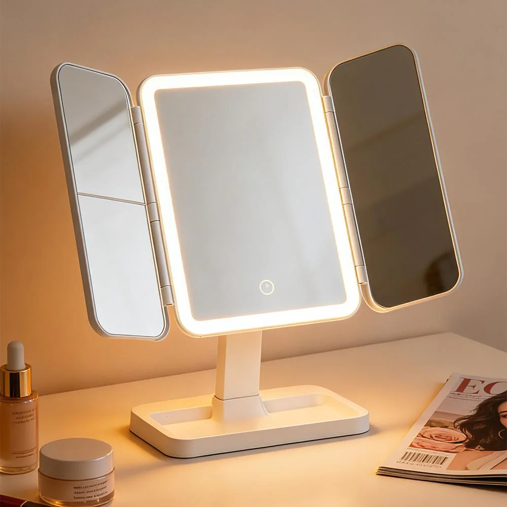 Miroir Cosmétique LED avec Éclairage – Miroir Pliable 3 Volets, Contrôle Tactile et Angle Ajustable pour Maquillage