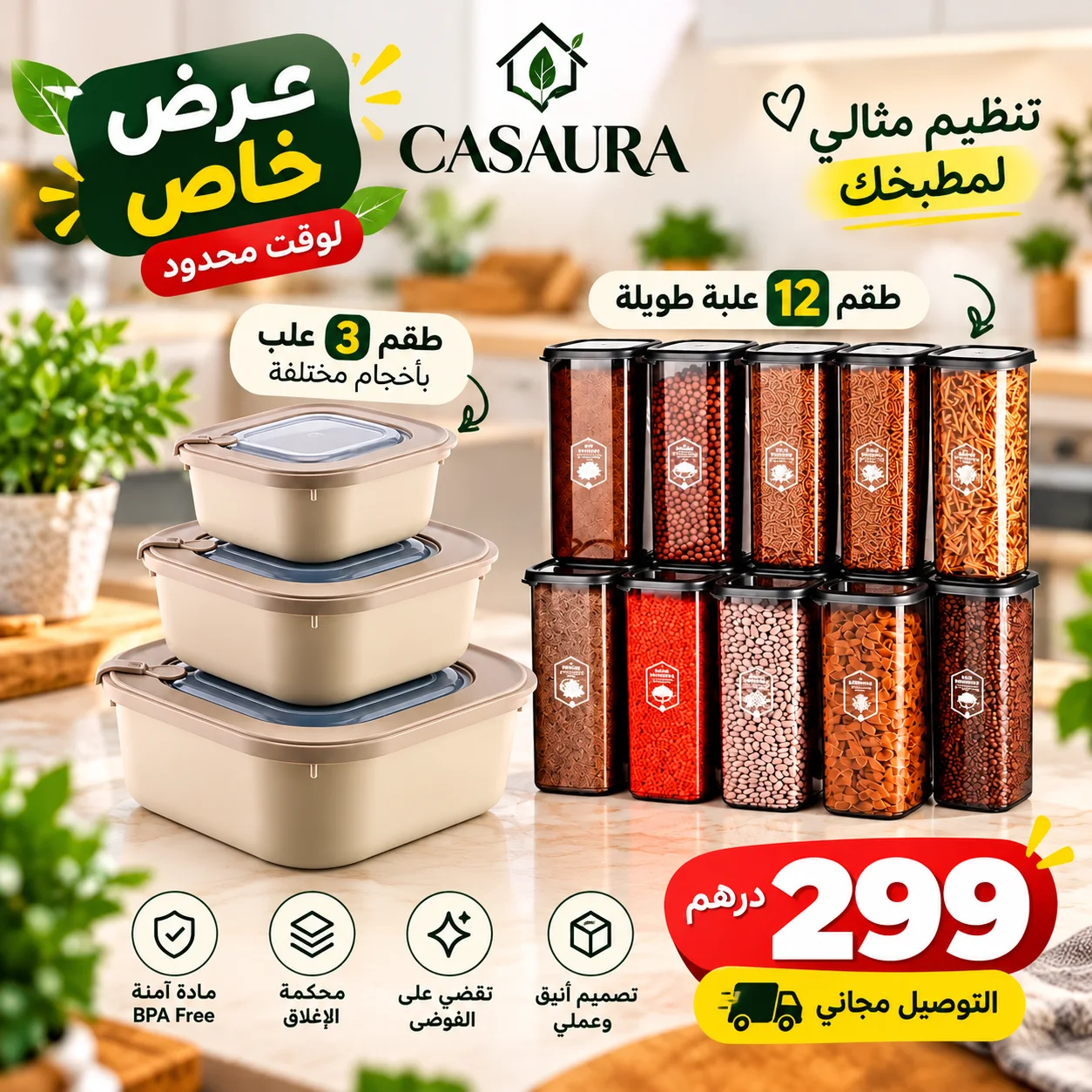 طقم CASAURA المميز لتنظيم المطبخ وحفظ الطعام