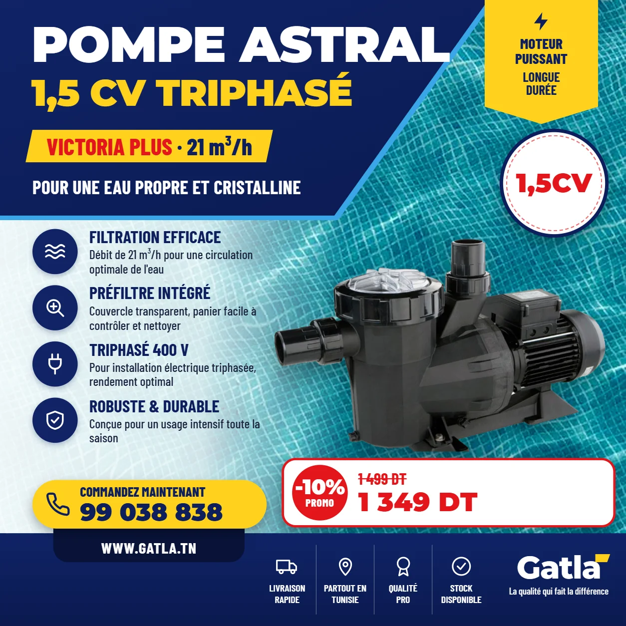 pompe astral victoria + 1,5 chv Triphasé
