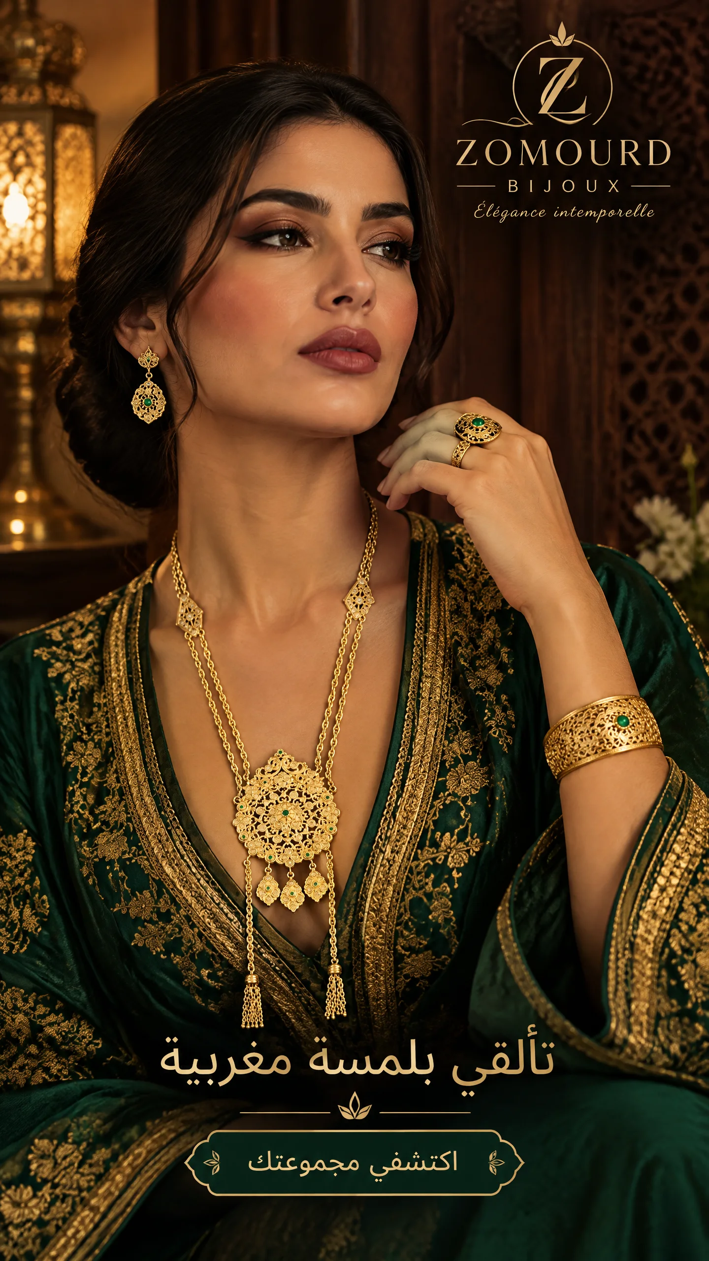 طقم مغربي فاخر باللون الذهبي مع لمسات خضراء – زمرد Bijoux