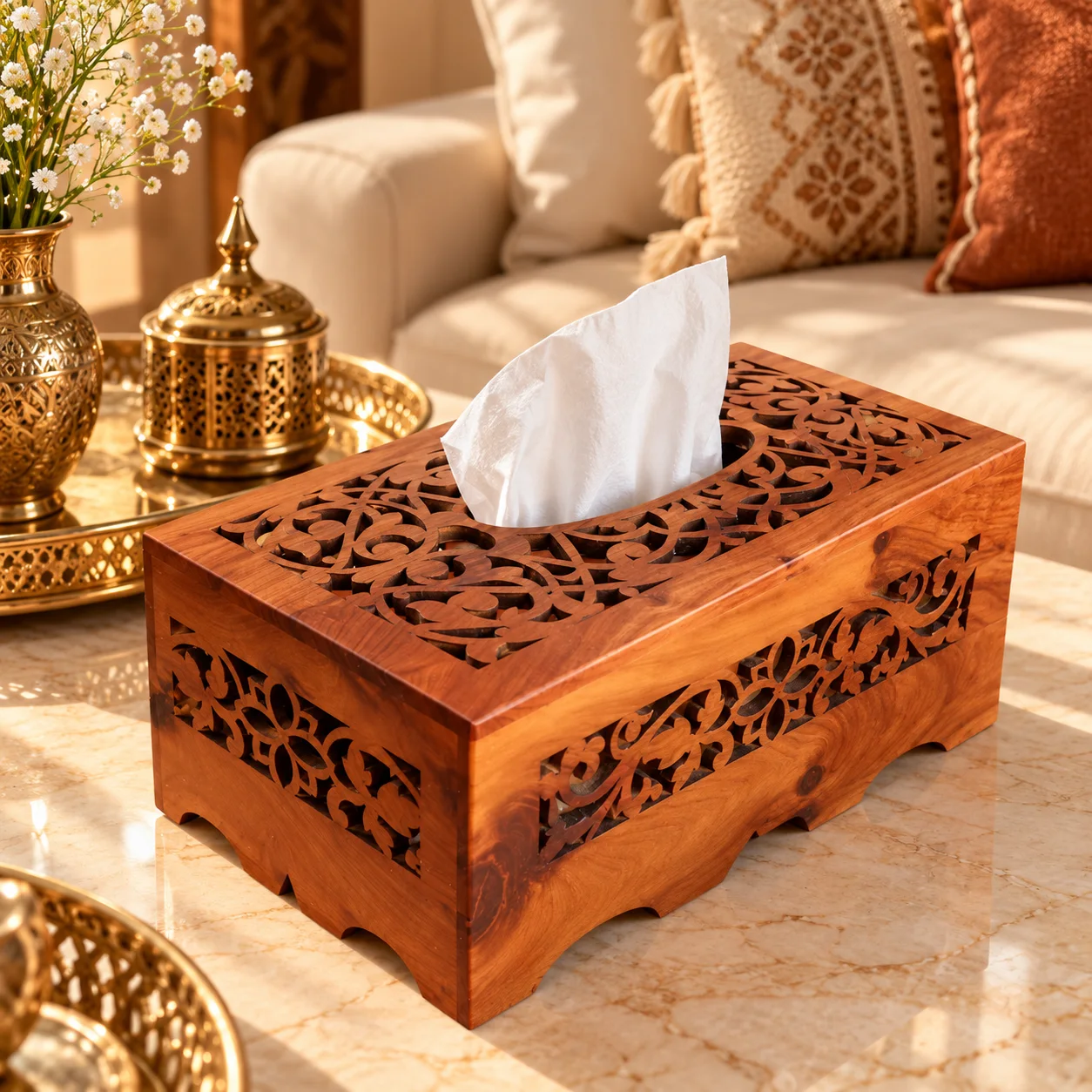 Boîte à Mouchoirs en Bois Sculpté – Décoration Marocaine Élégante